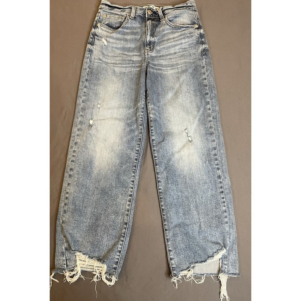 Dazy Jeans Womens‎ 27 Blue Denim Distressed Pockets Medium Wash Wide-Leg Raw Hem